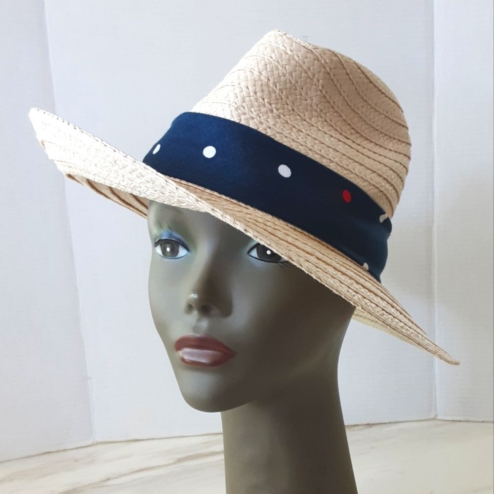 COLUMBIA Straw Fedora Navy Polka-Dot Band w/Interior Stretch Band - OS